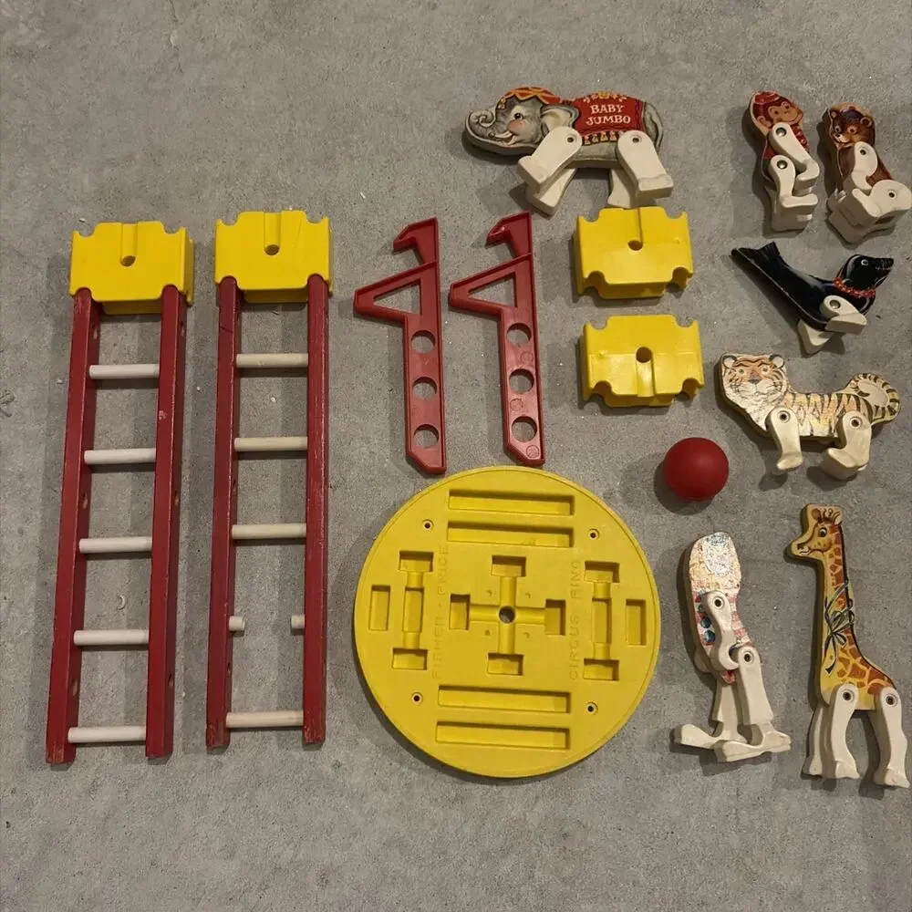 Vintage Lot 14 Fischer Price Circus Replacement Parts 1960's Ball, Animals, More
